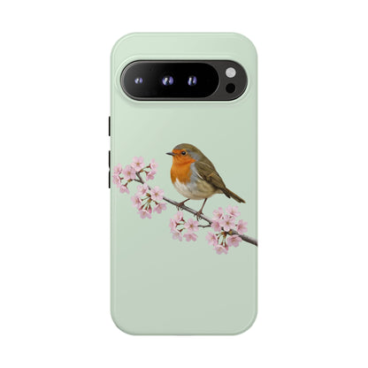 Rotkehlchen Handyhülle in Salbeigrün | Florales Kirschblüten Vogel-Motiv für iPhone & Google Pixel