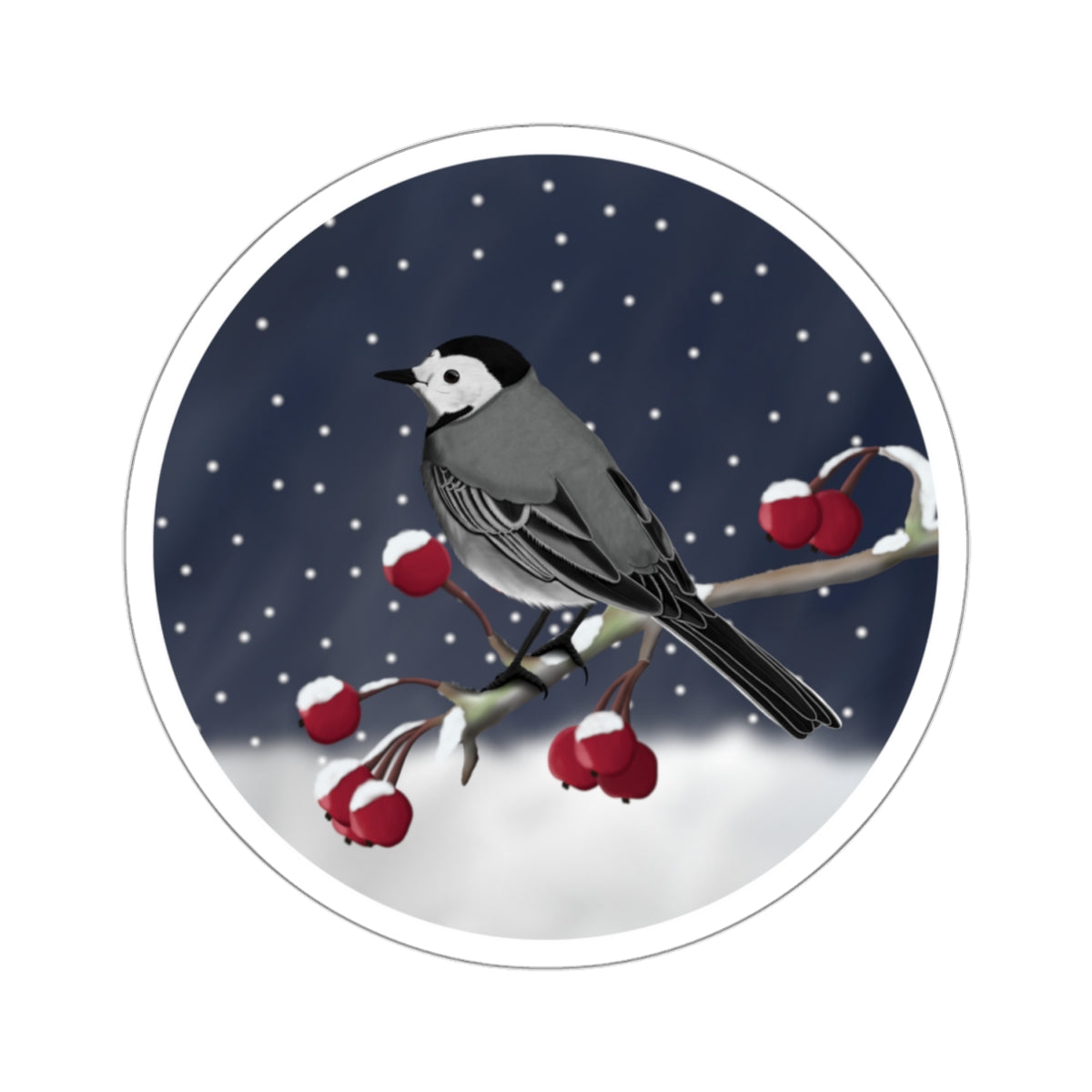 White Wagtail on a Winter Branch Christmas Bird Sticker