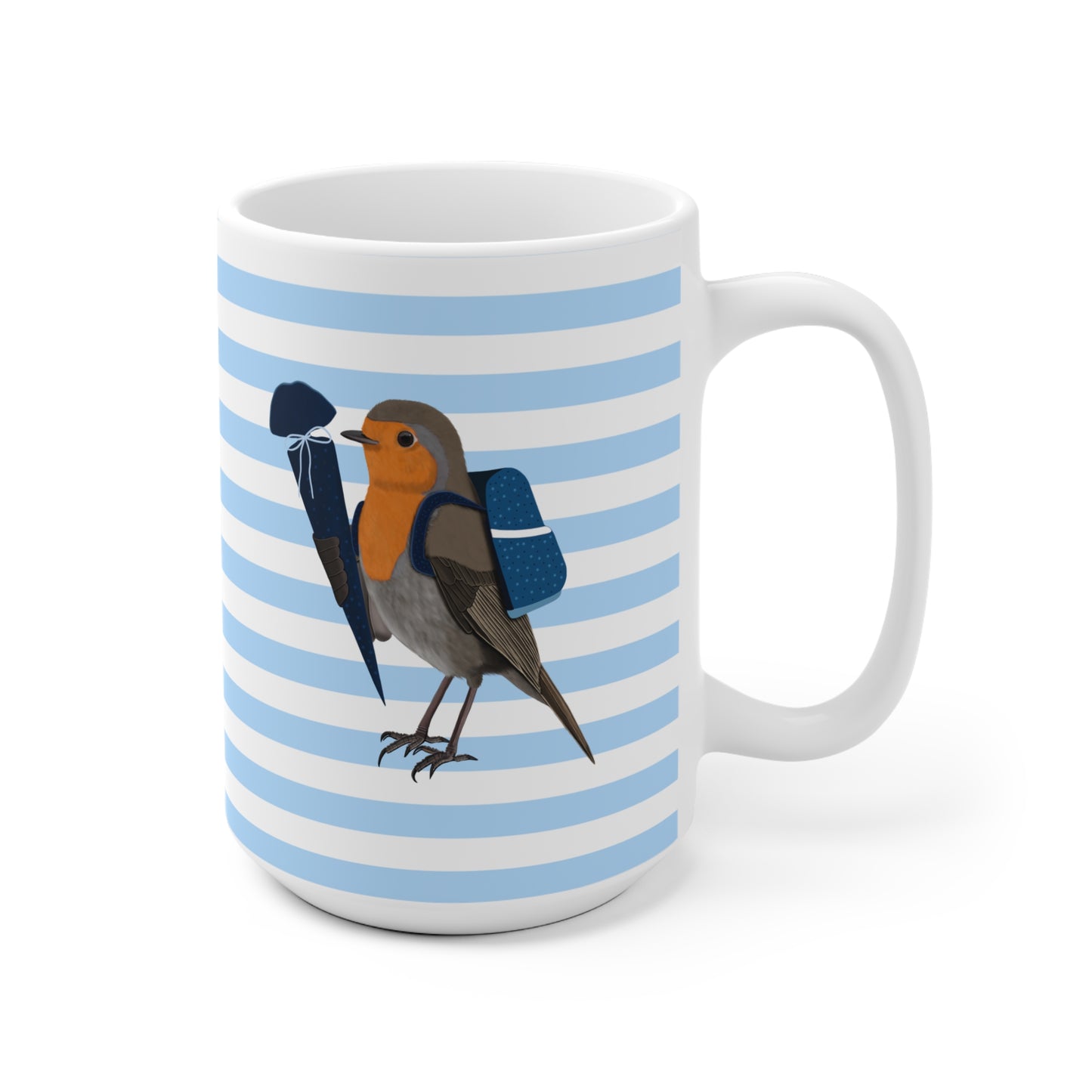 Rotkehlchen Vogel Tasse als Geschenk zur Einschulung Blau Weiß