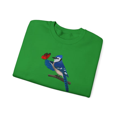 Blue Jay with Butterfly Bird Birding & Birdwatching Sweatshirt