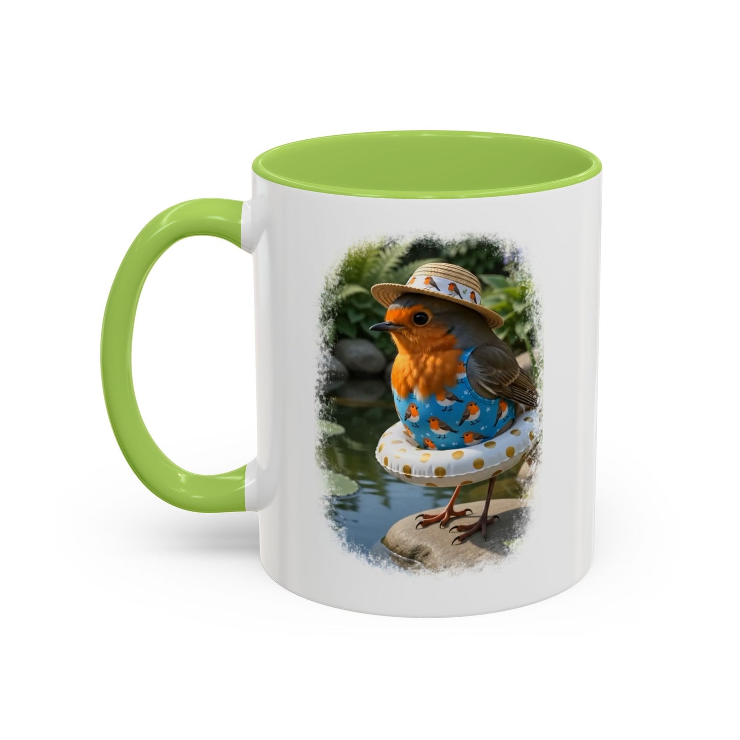 Rosi Rotkehlchen am Gartenteich Keramiktasse – Kaffeebecher mit farbigem Henkel