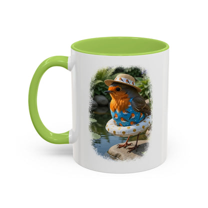 Rosi Rotkehlchen am Gartenteich Keramiktasse – Kaffeebecher mit farbigem Henkel