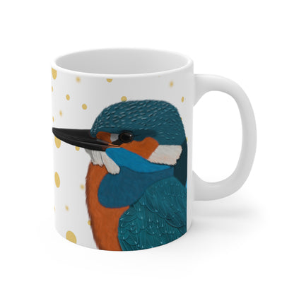 Kingfisher Bird Ceramic Mug White Golden Dots 11oz