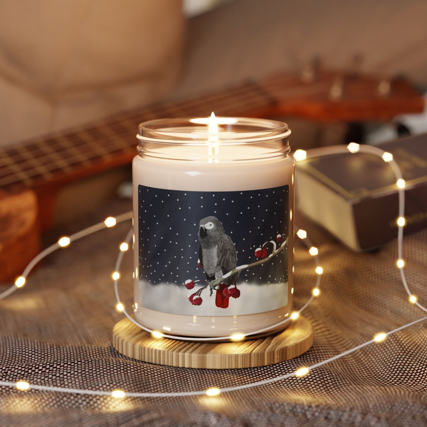 Grey Parrot on a Winter Branch Christmas Bird Art Scented Soy Candle, 9oz