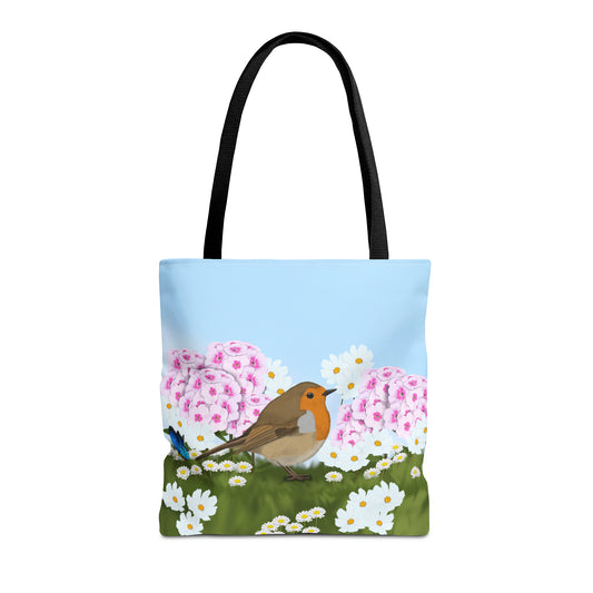 Robin in Summer Flowers Bird Tote Bag 16"x16"