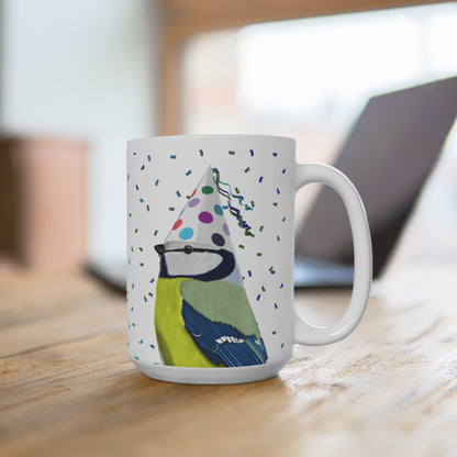 Blaumeise feiert Geburtstag mit Partyhut und Konfetti Vogel Tasse