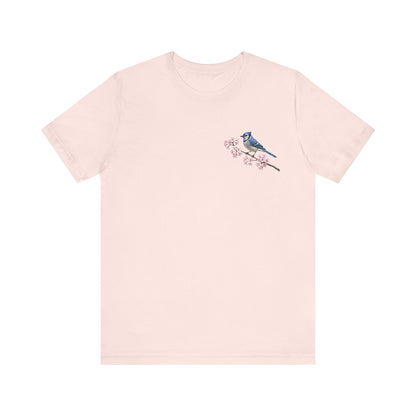 Blue Jay Cherry Blossom T-Shirt | Floral Spring Tee for Bird Lovers