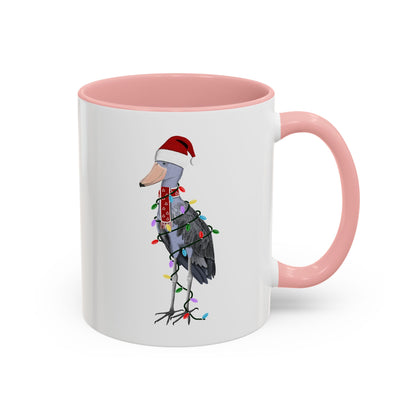 サンタクロースのハシビロコウとフェアリーライトの陶器製バードコーヒーマグ – バードウォッチャーへのカスタムギフト