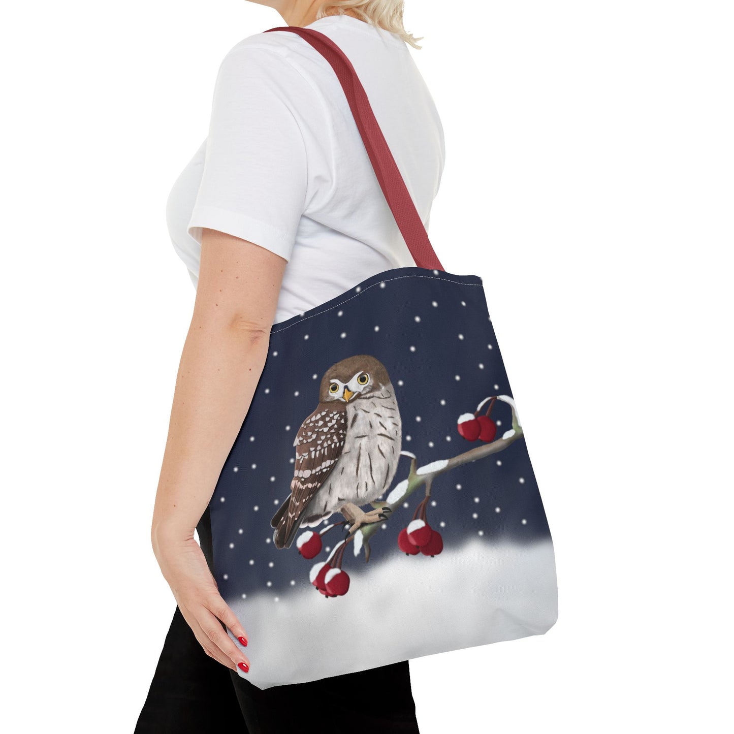 Little Owl on a Winter Branch Christmas Bird Tote Bag 16"x16"