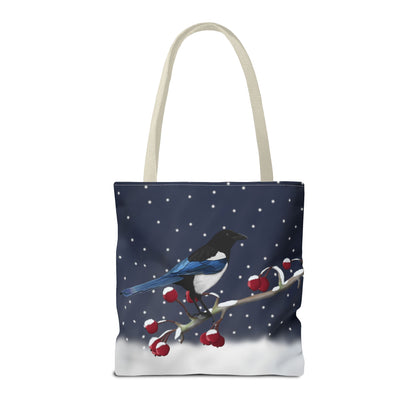 Magpie on a Winter Branch Christmas Bird Tote Bag 16"x16"