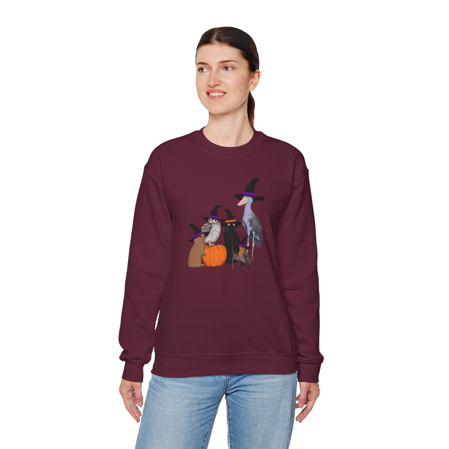 Robin Shoebill Owl Rabbit with Cat Happy Halloween Birds Sweatshirt