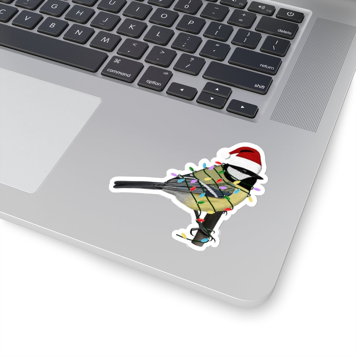 Chickadee with Fairy Lights and Santa Claus Hat Christmas Bird Sticker