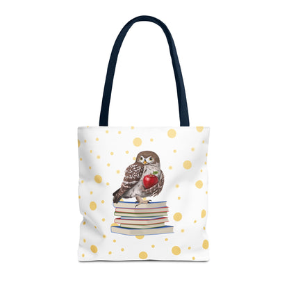 Cute Owl & Books Teacher Tote Bag – Gold Polka Dot Aesthetic