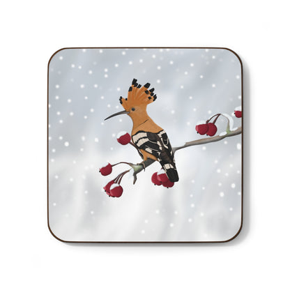 Hoopoe on a Winter Branch Christmas Hardboard Coaster