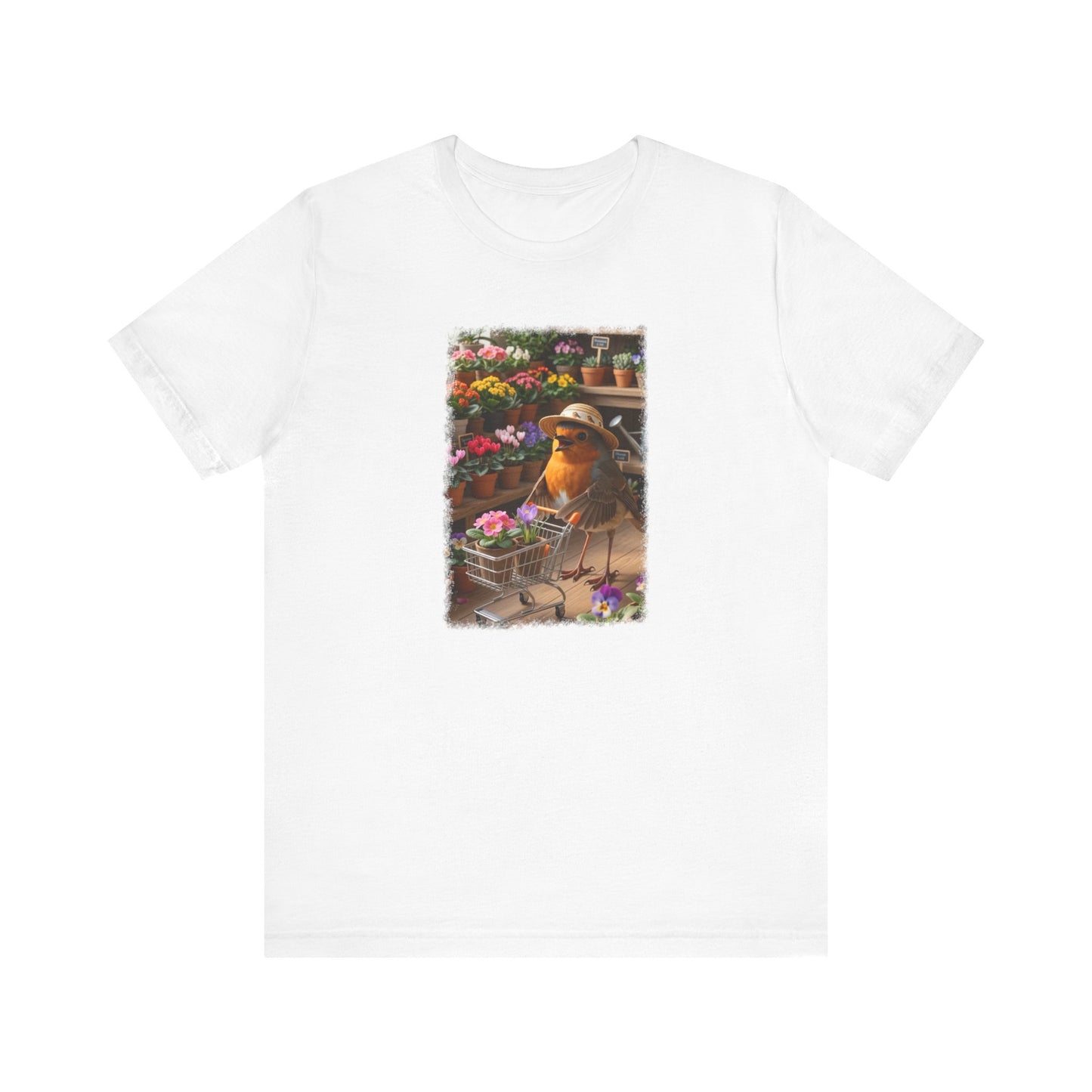 Lustiges Rotkehlchen T-Shirt mit vollem Blumen-Einkaufswagen | Niedliches Pflanzen-Motiv