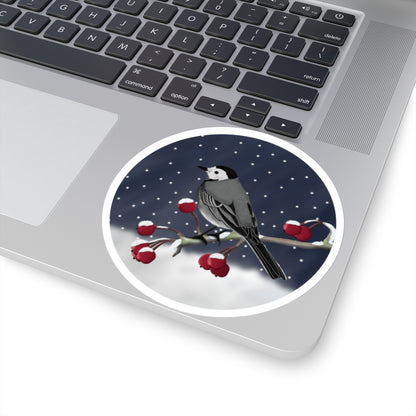 White Wagtail on a Winter Branch Christmas Bird Sticker