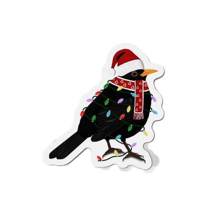 Blackbird with Fairy Lights and Scarf Christmas Bird Magnet