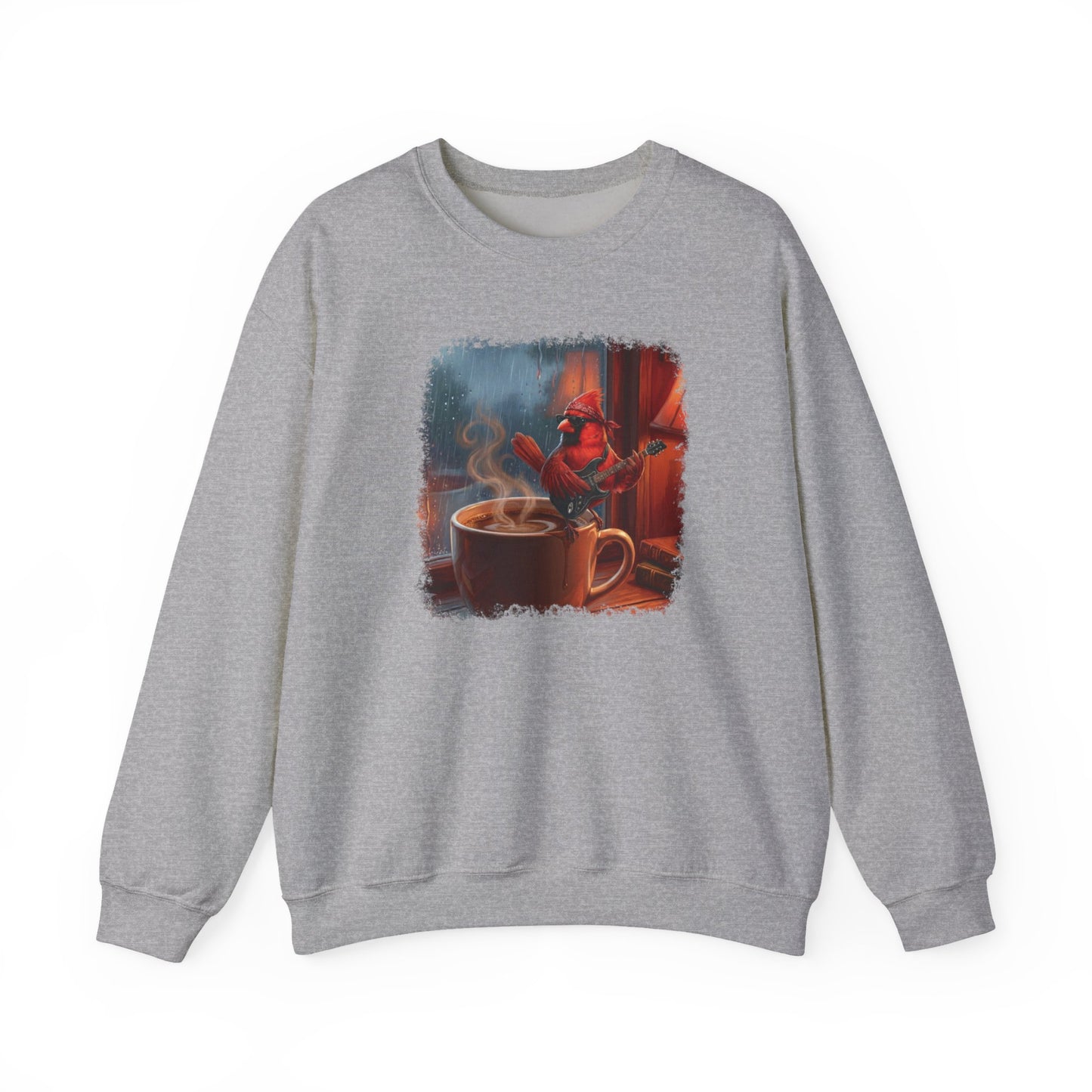 Cozy Rainy Day Coffee Sweatshirt – Vintage Cardinal with Guitar Graphic