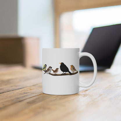 Vögel auf einem Ast Tasse Amsel Rotkehlchen Blaumeise Zaunkönig Spatz Kohlmeise Weiß