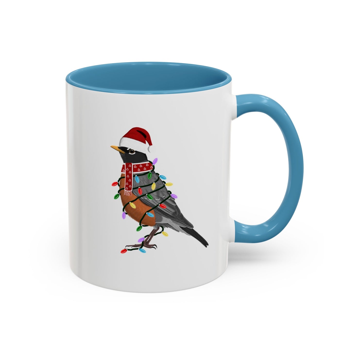 American Robin as Santa with Fairy Lights Ceramic Bird Coffee Mug – Custom Gift for Bird Watchers