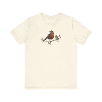 American Robin & Fledgling T-Shirt | Spring Blossoms Unisex Graphic Tee