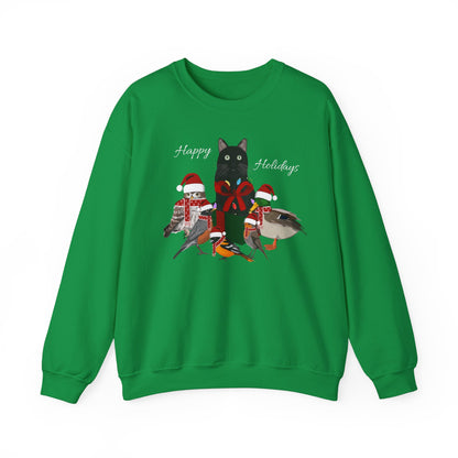 Robin Mallard Oriole Owl with Cat in a Box and Fairy Lights Happy Holidays Christmas Bird Sweatshirt