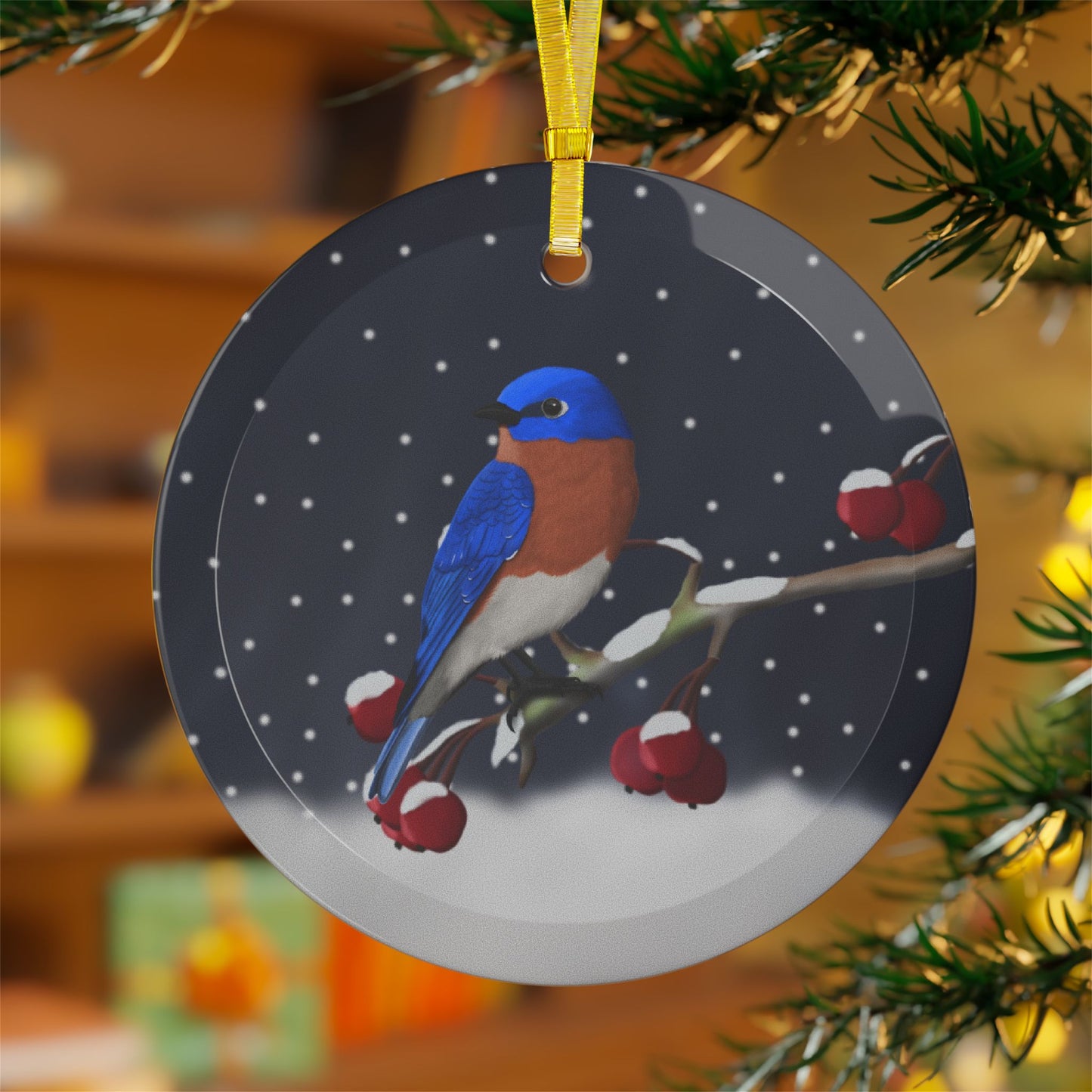 Bluebird on a Winter Branch Christmas Bird Glass Ornament