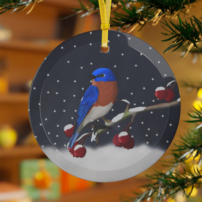 Bluebird on a Winter Branch Christmas Bird Glass Ornament