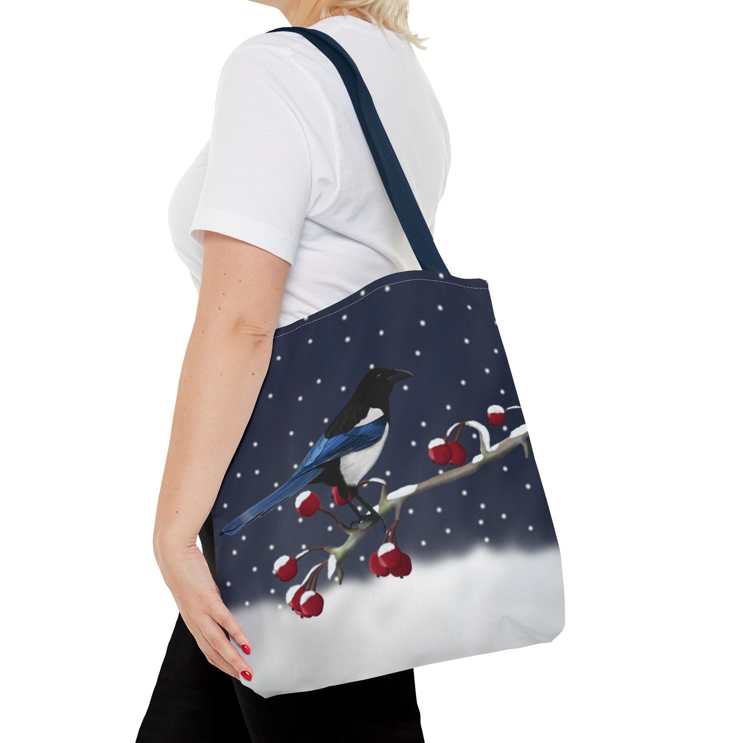 Magpie on a Winter Branch Christmas Bird Tote Bag 16"x16"