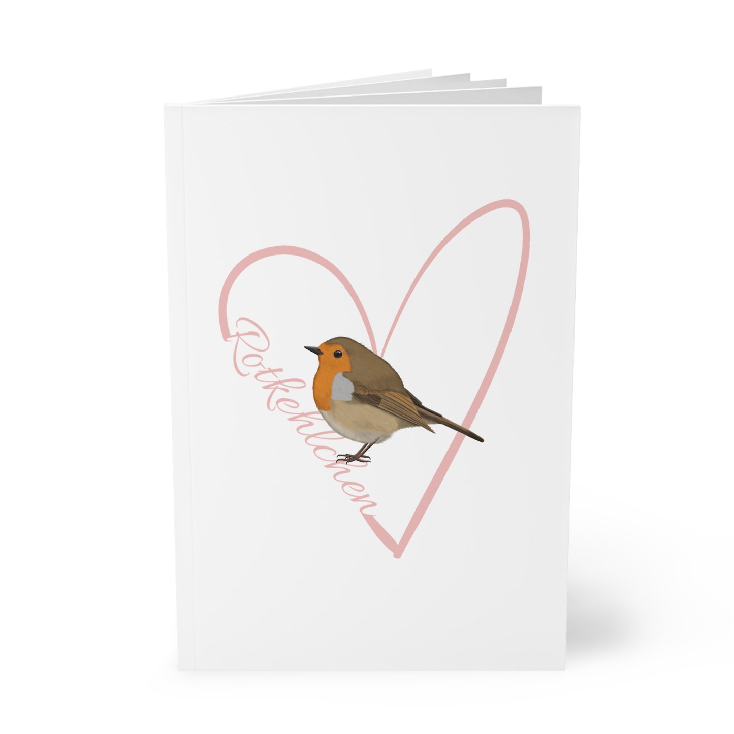 Rotkehlchen Notizbuch Vogel mit Herz A5 Softcover 150 Seiten Liniert Weiß