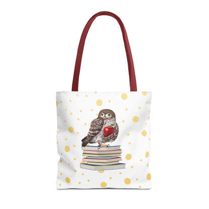 Cute Owl & Books Teacher Tote Bag – Gold Polka Dot Aesthetic
