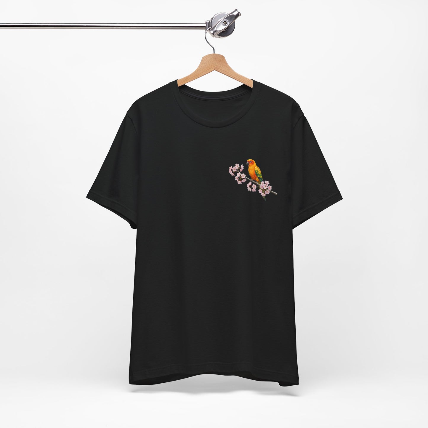 Sun Conure Cherry Blossom T-Shirt | Floral Spring Tee for Bird Lovers