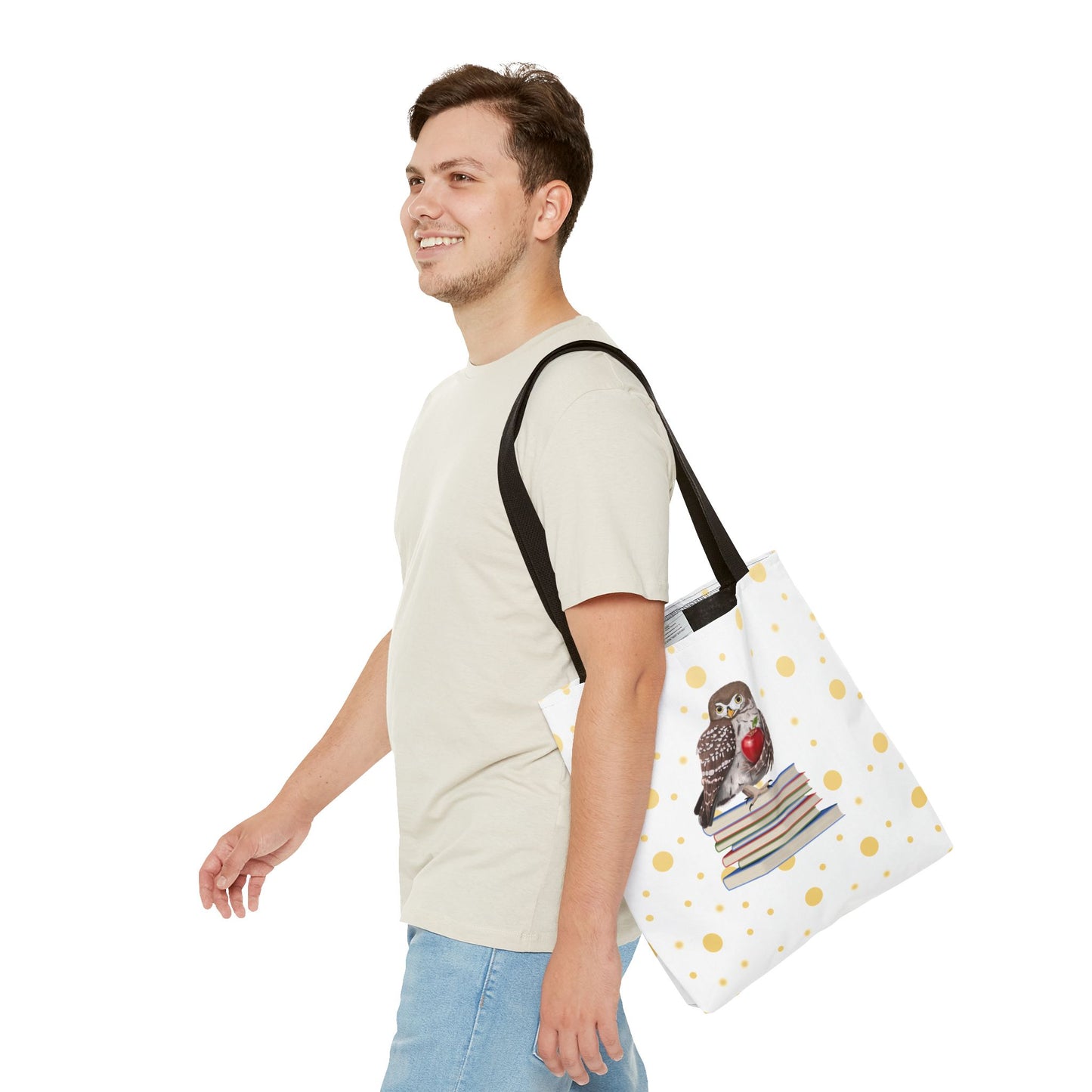 Cute Owl & Books Teacher Tote Bag – Gold Polka Dot Aesthetic