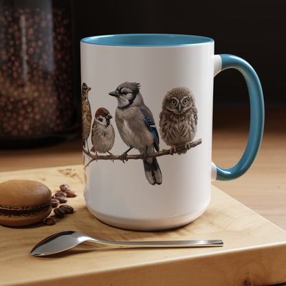 Blue Jay Cardinal Bluebird Little Owl Fledglings Two-Tone Mug | Spring Bird Lover Gift