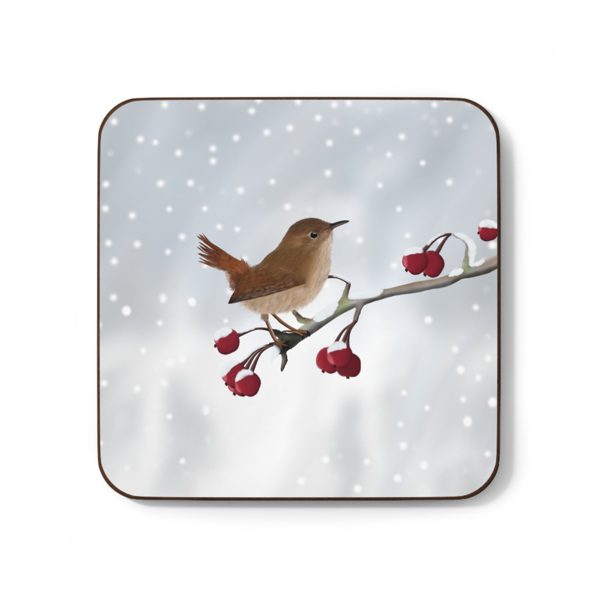 Wren on a Winter Branch Christmas Hardboard Coaster