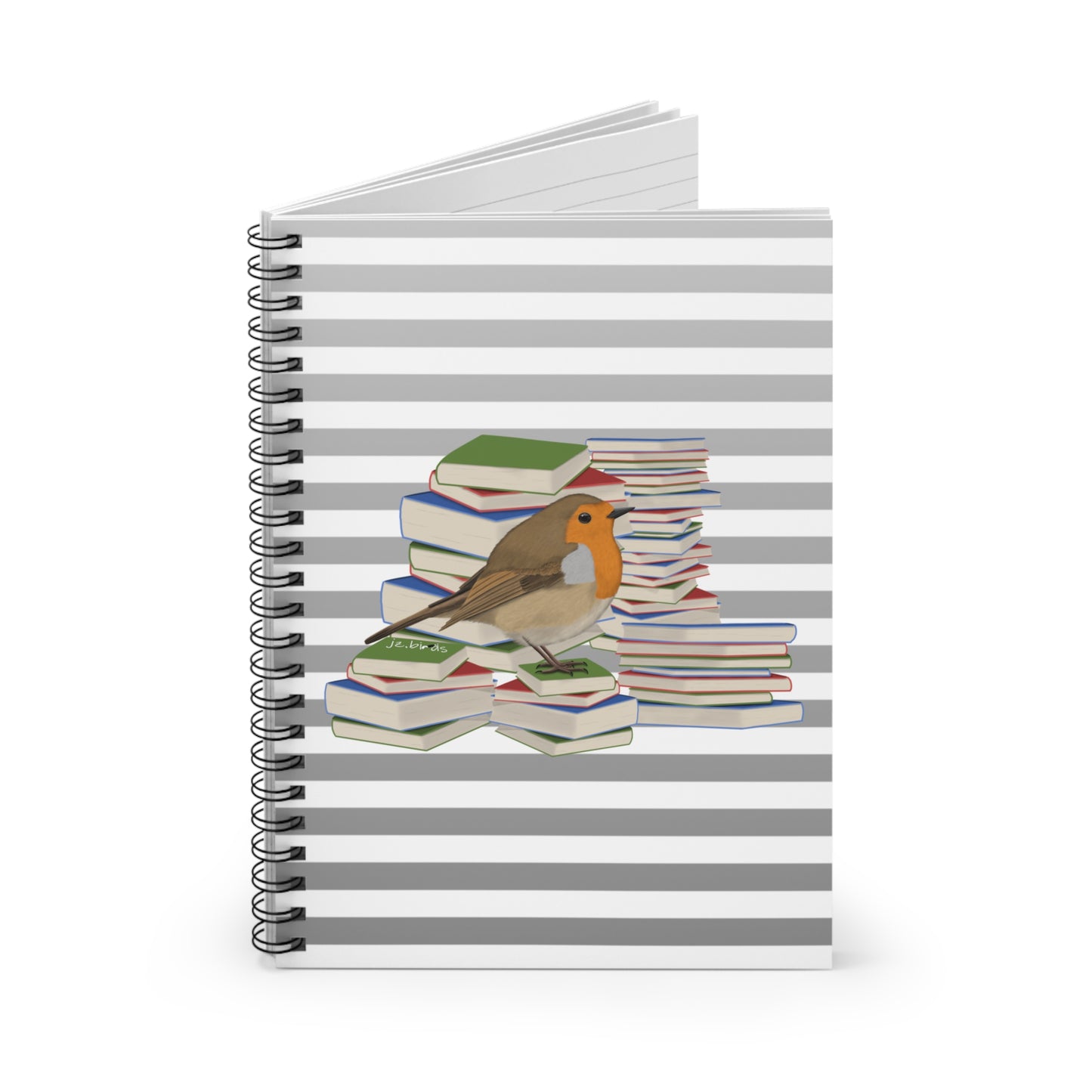 European Robin Bird with Books Birdlover Bookworm Spiral Notebook Ruled Line