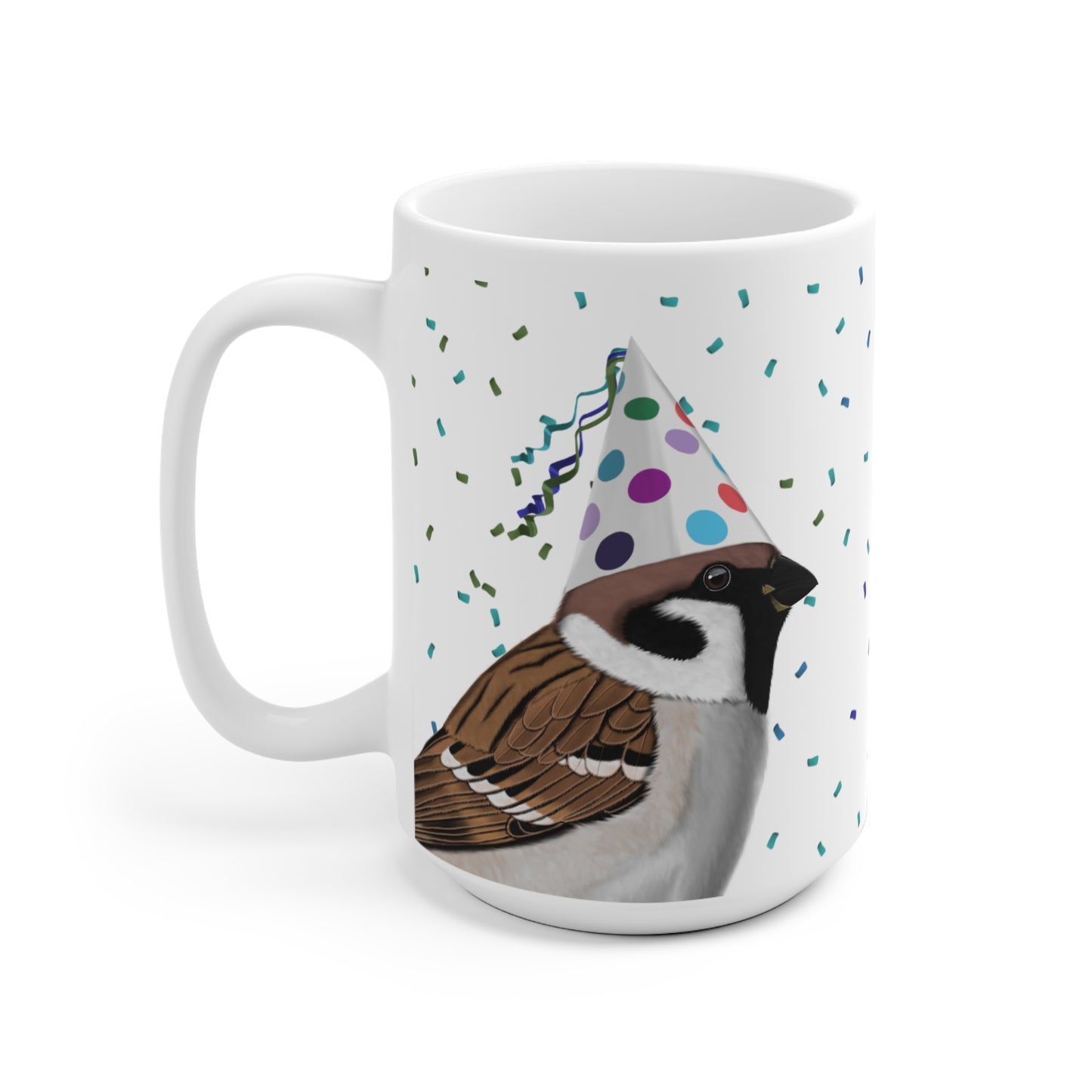 Feldsperling feiert Geburtstag mit Partyhut und Konfetti Vogel Tasse