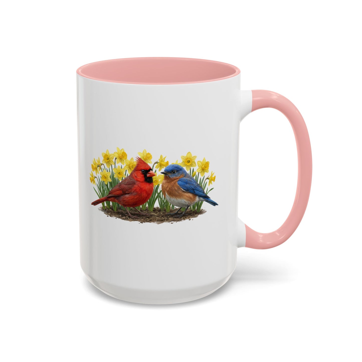 Spring Birds Coffee Mug – Cardinal & Bluebird in Daffodils | Two-Tone Ceramic Cup (11oz & 15oz)