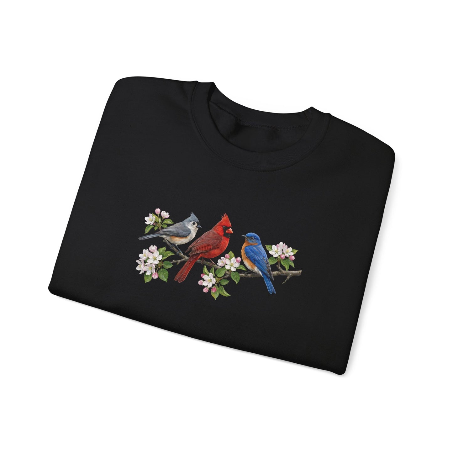 Tufted Titmouse, Cardinal & Bluebird & Apple Blossoms – Cozy Birding Crewneck Sweatshirt