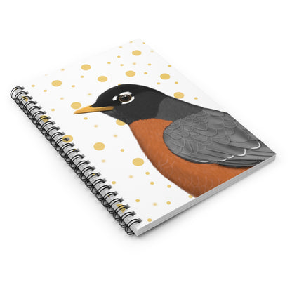 Robin Bird Birdlover Spiral Notebook White Golden Dots Ruled Line 6"x8"