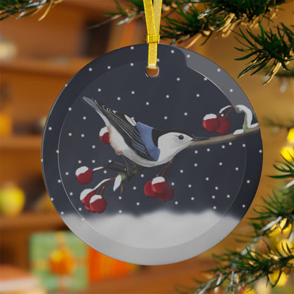 Nuthatch on a Winter Branch Christmas Bird Glass Ornament