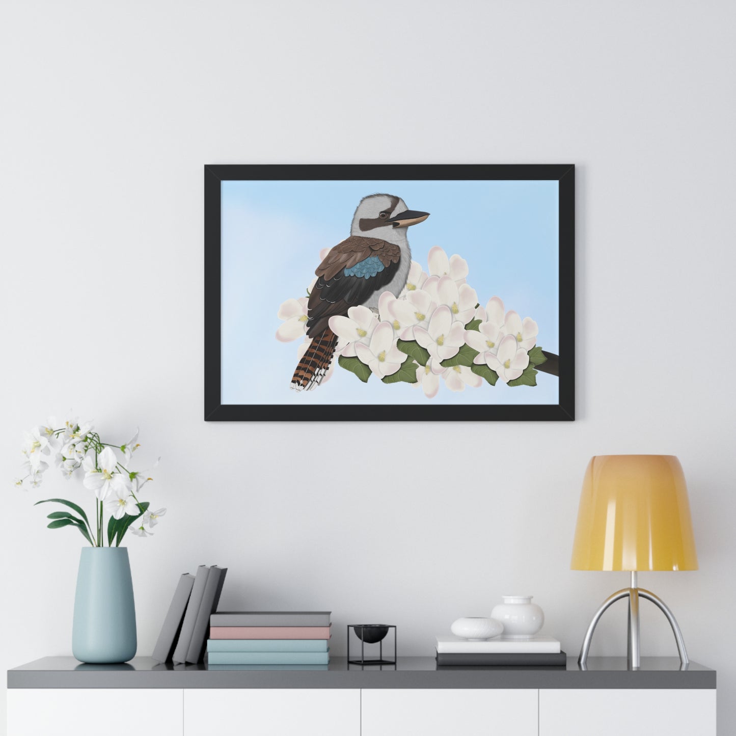Kookaburra Spring Blossoms Bird Framed Poster