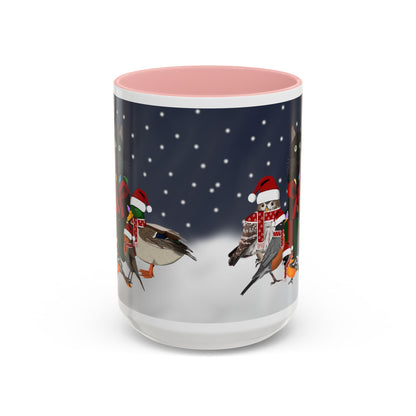 Robin Oriole Mallard Owl and Cat with Christmas Hat and Scarf Snow Bird Coffee Mug