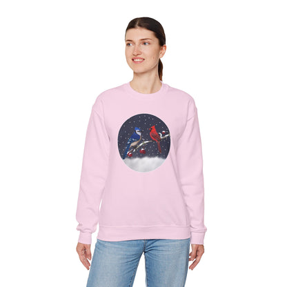 Blue Jay and Cardinal on a Winter Branch Christmas Bird Sweatshirt