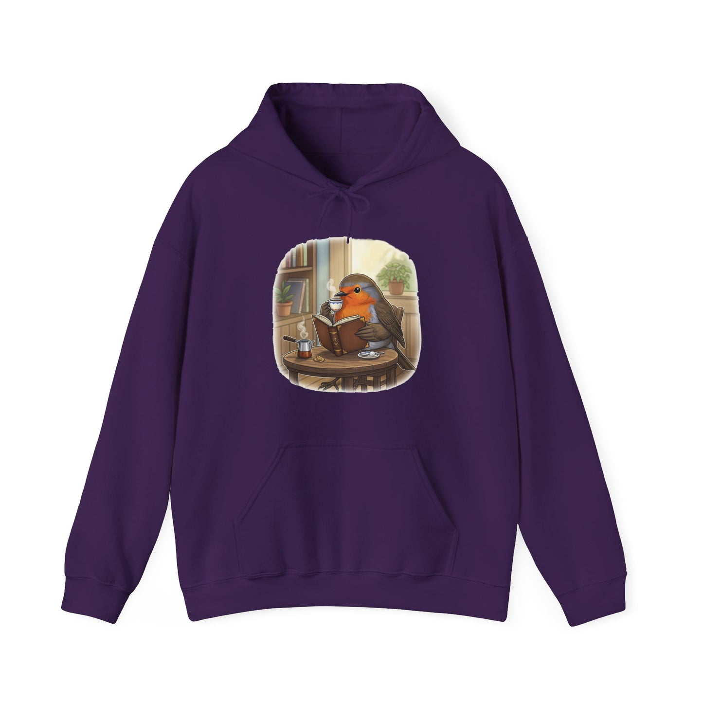 Rotkehlchen liest Bücher und trinkt Kaffee Vogel Hoodie - Kapuzenpullover für Vogelbeobachter mit Vogelmotiv