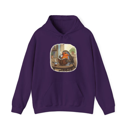 Rotkehlchen liest Bücher und trinkt Kaffee Vogel Hoodie - Kapuzenpullover für Vogelbeobachter mit Vogelmotiv