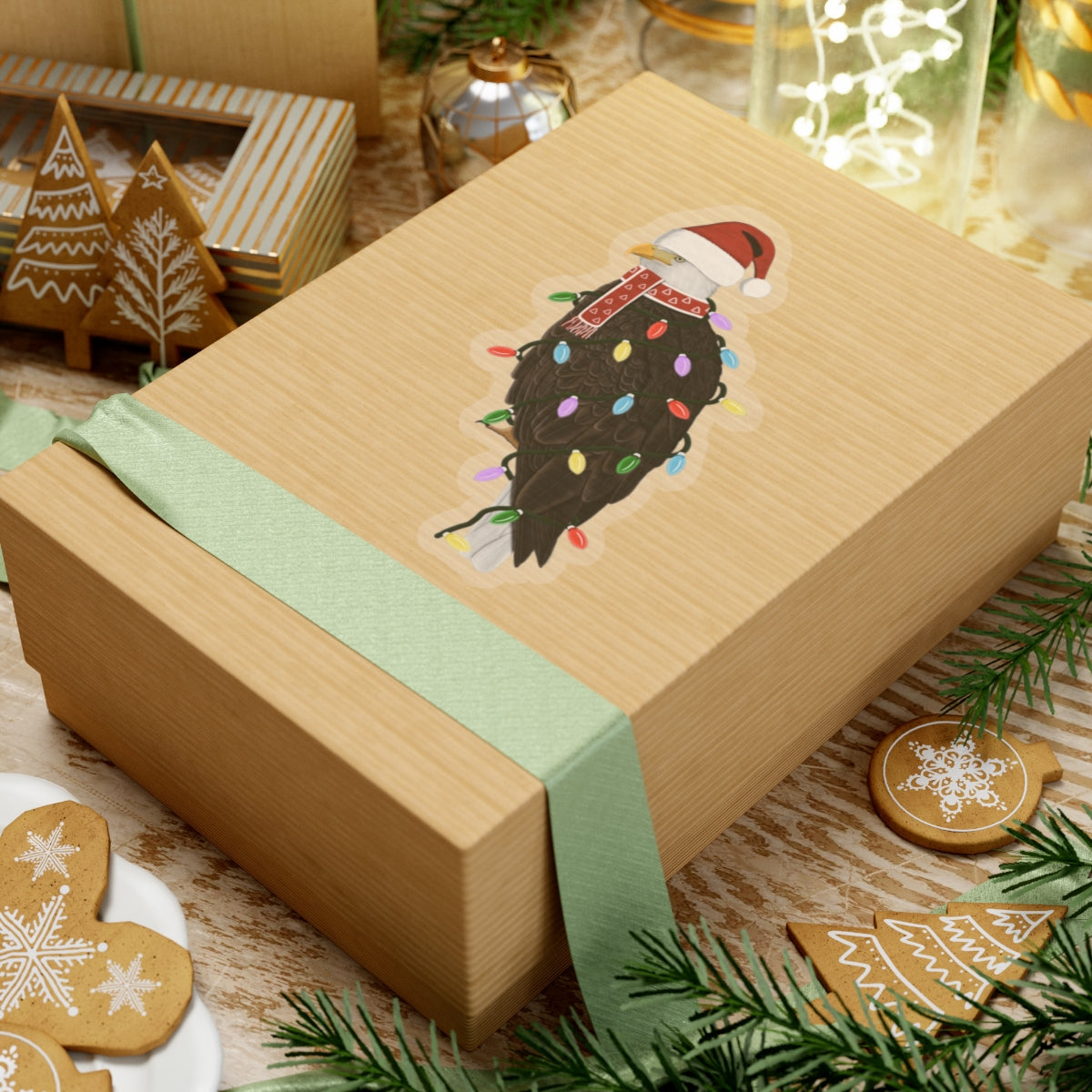 Bald Eagle with Fairy Lights Santa Claus Hat and Scarf Christmas Bird Sticker