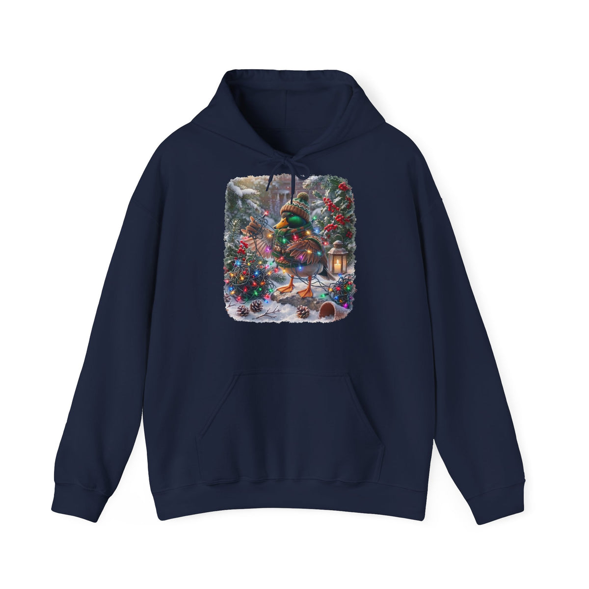 Premium Hoodie Ente und die Lichterkette im winterlichen Garten für Vogelbeoachter