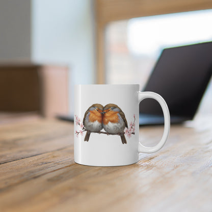 "Lovebirds" Coffee Mug – Cuddling Robins & Cherry Blossoms Valentine's Day Gift