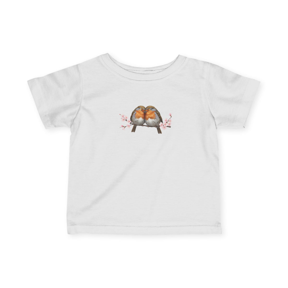 A white short-sleeve baby t-shirt featuring a central graphic of two birds facing each other on a branch with pink blossoms, displayed against a solid white background.